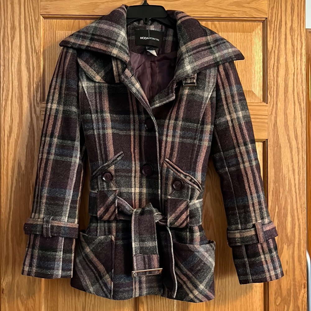 MODA International wool blend purple plaid pea coat XS